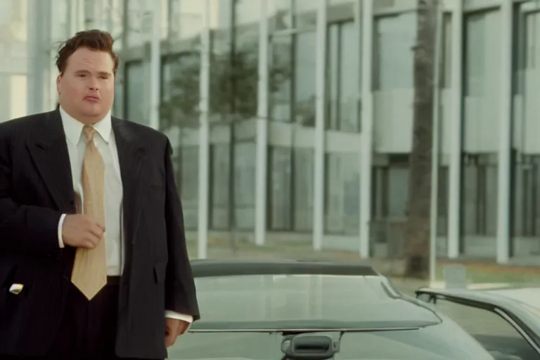 Image similar to cinematic still of portly clean-shaven white man wearing suit and necktie and short curly blond hair as car salesman in 1994 film, XF IQ4, f/1.4, ISO 200, 1/160s, 8K, RAW, dramatic lighting, symmetrical balance, in-frame