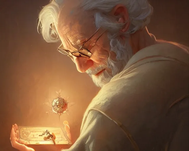 Image similar to old scientist, deep focus, d & d, fantasy, intricate, elegant, highly detailed, digital painting, artstation, concept art, matte, sharp focus, illustration, hearthstone, art by artgerm and greg rutkowski and alphonse mucha