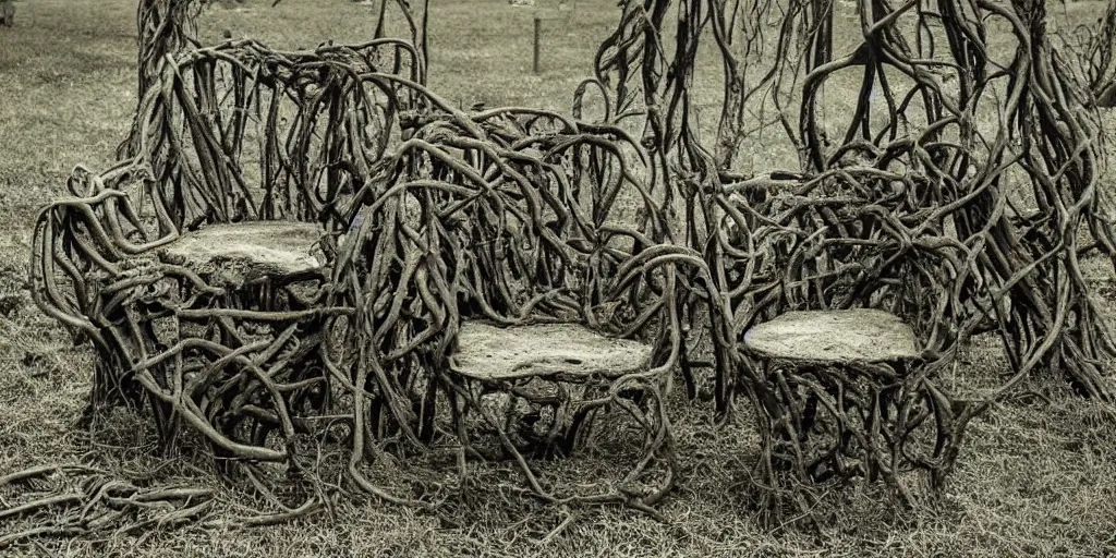 Prompt: an cursed chair made out of roots and vines in a gloomy grave yard