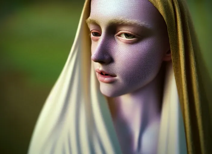 Image similar to kodak portra 4 0 0, 8 k, soft light, volumetric lighting, highly detailed, britt marling style 3 / 4, haunting portrait photo of the virgin mary, highly detailed face, inspired by ophelia paint, glowing halo, of light, realistic, refined, beautifully detailed, natural outdoor soft pastel lighting colors scheme, outdoor fine art photography, hyper realistic, photo realistic