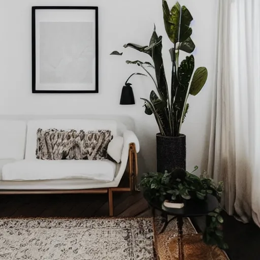 Prompt: a minimalist mockup photo with large blank frame, in a white boho style studio, pale wood furniture, in cozy coastal style home interior, trending on pinterest