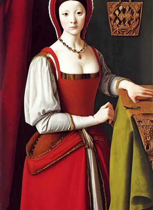 Image similar to portrait of young woman in renaissance dress and hennin, art by petrus christus,