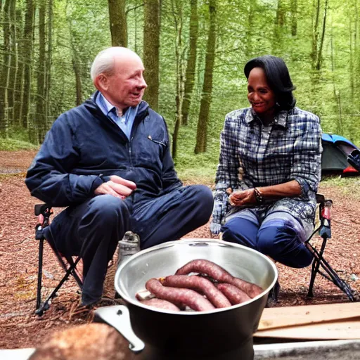 Image similar to camping in Wales with Richard Cheney and Condoleezza Rice. Condoleezza is burning the sausages on the camping stove