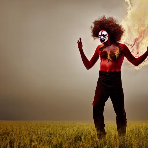 Image similar to man wearing clown makeup dancing in field on fire, cinematic lighting, 8 k