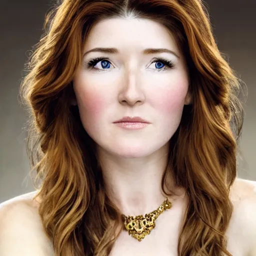 Image similar to realistic portrait of a beautiful Jewel Staite made of gold, Victorian architecture, ultra realistic, 8k