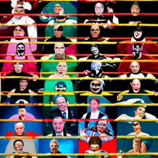 Prompt: All of the world leaders as wrestlers with silly outfits, jumping into the wrestling ring to fight, intricate, highly detailed, concept art, smooth, sharp focus