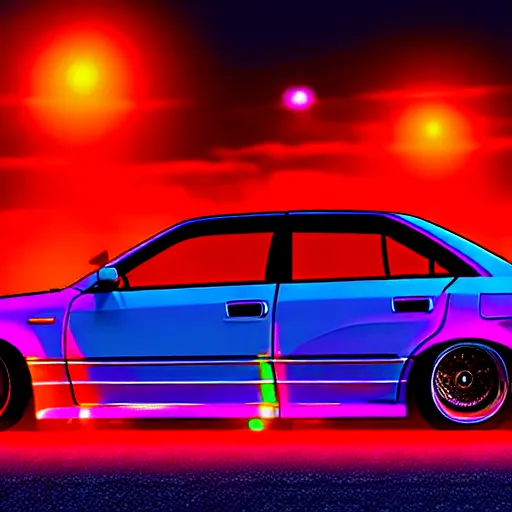 Prompt: a car Toyota Chaser twin-turbo at illegal car meet, Saitama prefecture, city sunset mist neon lights, cinematic color, photorealistic, highly detailed, 200MM