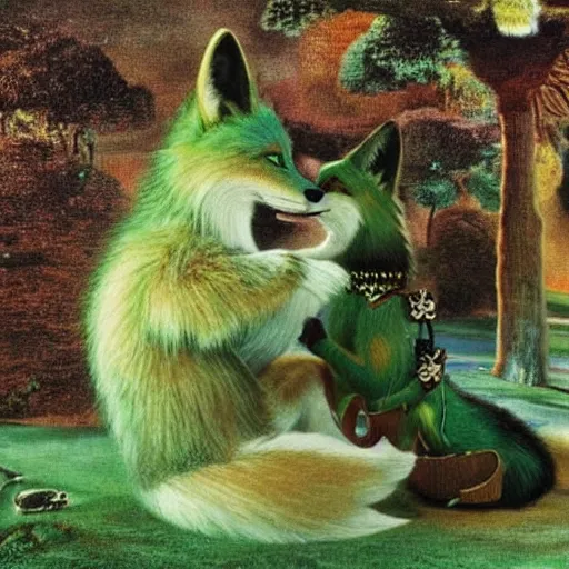 Prompt: A fantasy world photo of a smiling green fox with his youngster, 4k, made by Salvador Dali