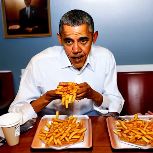 Image similar to barack obama eating chili fries, eating, chili fries, cheesy