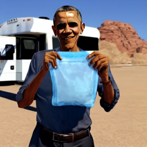 Image similar to obama holding a ziplock bag with baby blue meth, desert background, next to an rv, by stephen bliss, gta loading screen