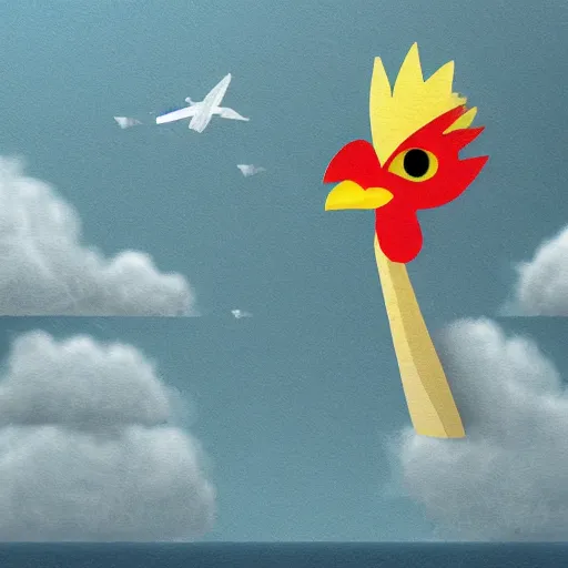 Image similar to humanoid chicken with a headache, on a flight over the sea, realistic scene, very detailed