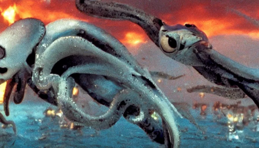 Prompt: Big budget movie by James Cameron about a squid attacking Tokyo