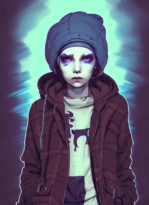 Prompt: highly detailed portrait of a sewer punk lady student, blue eyes, tartan hoodie, white hair by atey ghailan, by greg rutkowski, by greg tocchini, by james gilleard, by joe fenton, by kaethe butcher, gradient blue, black, brown and cream color scheme, grunge aesthetic!!! ( ( graffiti tag wall background ) )