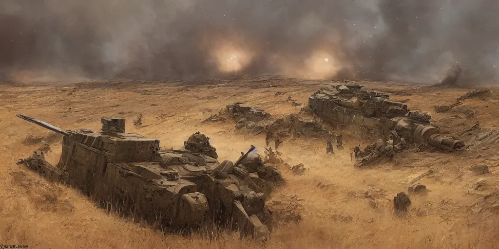 Image similar to world war 1 landscape in star wars, trench warfare, atmospheric, beautiful lighting, painted by john howe and greg rutkowski