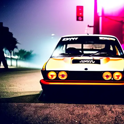 Image similar to a car S30 turbo drift at illegal car meet, shibuya prefecture, sunset night mist lights, cinematic color, photorealistic, highly detailed wheels, highly detailed