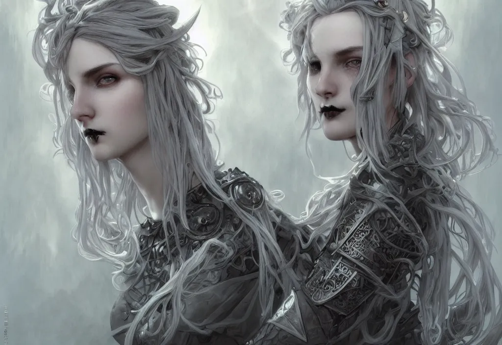 Prompt: beautiful and gothic and evil and dieselpunk young medieval light grey hair female knight + smoky eyes + front face with light flowing hair, ultradetail face, art and illustration by tian zi and craig mullins and wlop and alphonse mucha, fantasy, intricate complexity, human structure, human anatomy, fantasy character concept, watermark, blurry, hyperrealism 8 k