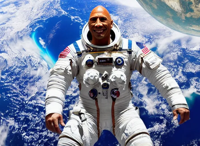 Prompt: dwayne the rock johnson wearing a spacesuit in international space station