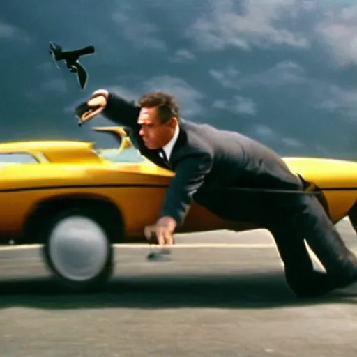 Prompt: man chased by a flying car, movie still of James bond