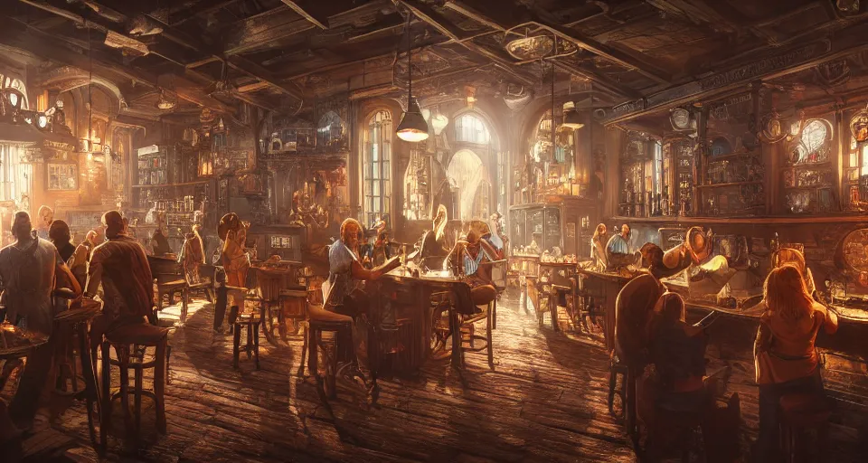 Prompt: alchemy tavern, hyperdetailed, artstation, cgsociety, golden hour 8 k, volumetric lighting, could tones