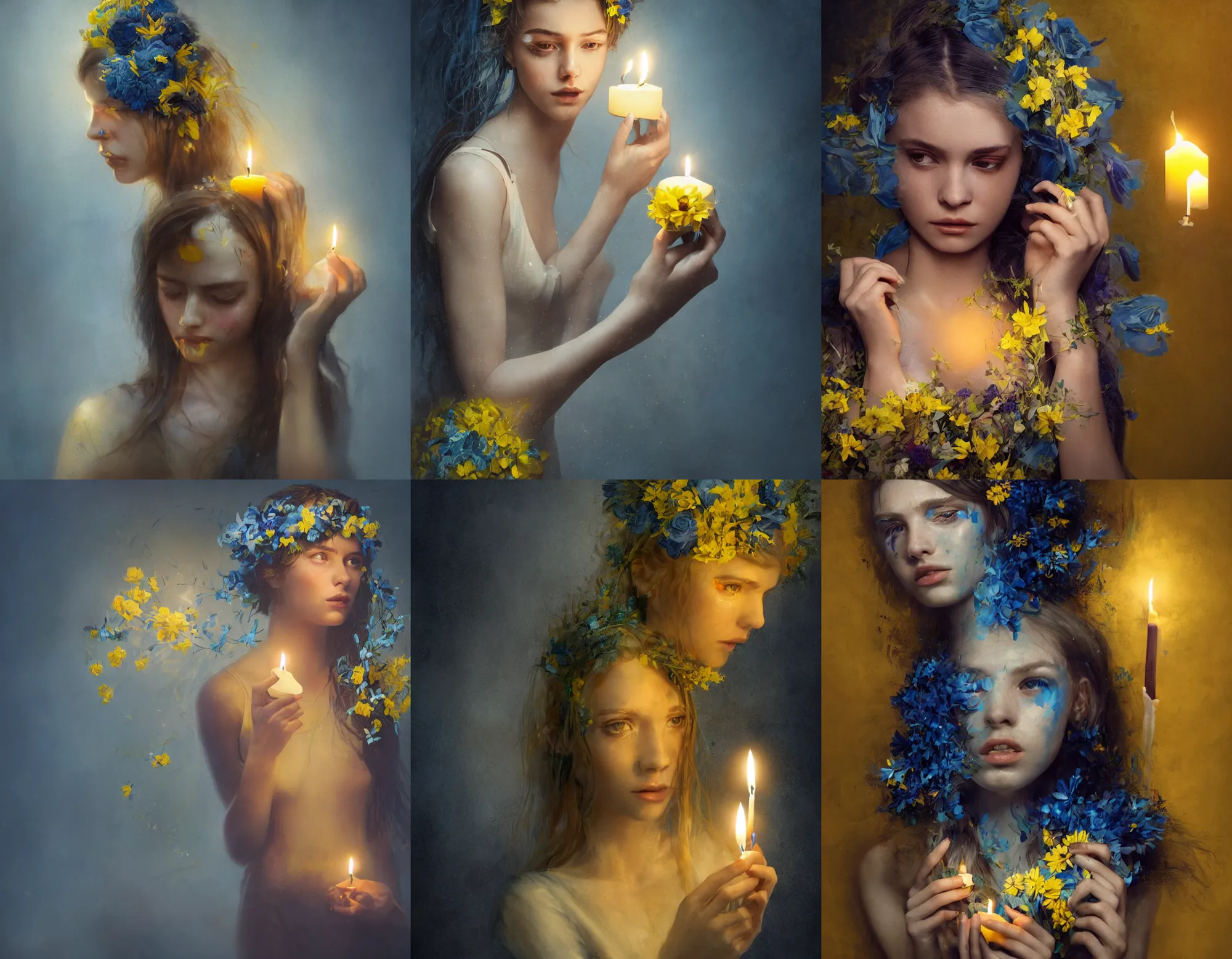 Image similar to A gorgeous young woman with blue-yellow tapes and flowersand in her hair sad crying and a candle in her hand, high detail, styled by Greg Rutkowski, dark background, dramatic lighting