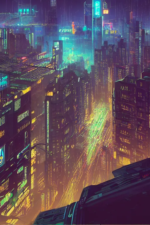 Image similar to a cyberpunk City with billboards, Hologramm and signs in a rainy night, bokeh on background, Skyline view from a rooftop, rendered by simon stålenhag, rendered by Beeple, Makoto Shinkai, syd meade, environment concept, digital art, starwars, raphael lacoste, eddie mendoza, alex ross, concept art, cinematic lighting, , unreal engine, 3 point perspective, WLOP, trending on artstation, low level, 4K UHD image, octane render,