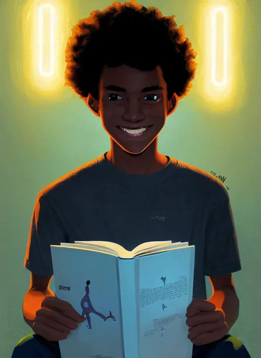 Image similar to portrait of teenage chuck clayton, black teenage boy, very short curly hair, very short hair, square jaw, slight excited smile, reading archie comic book, intricate, elegant, glowing lights, highly detailed, digital painting, artstation, concept art, smooth, sharp focus, illustration, art by wlop, mars ravelo and greg rutkowski