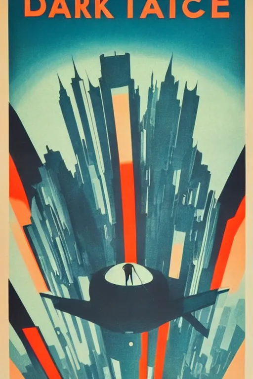 Image similar to propaganda poster of 1 9 5 0 s city futuristic design, dark, silhouette, symmetrical, washed out color, centered, art deco, 1 9 5 0's futuristic, glowing highlights, intense