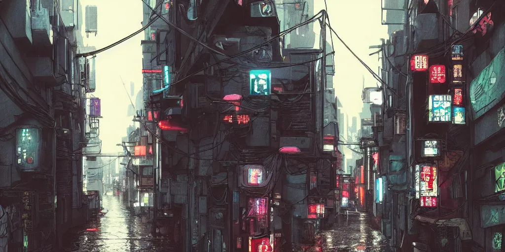 Image similar to Cyberpunk back alley on a rainy day in Japan, low angle view, detailed matte painting, cinematic, Moebius, Artstation