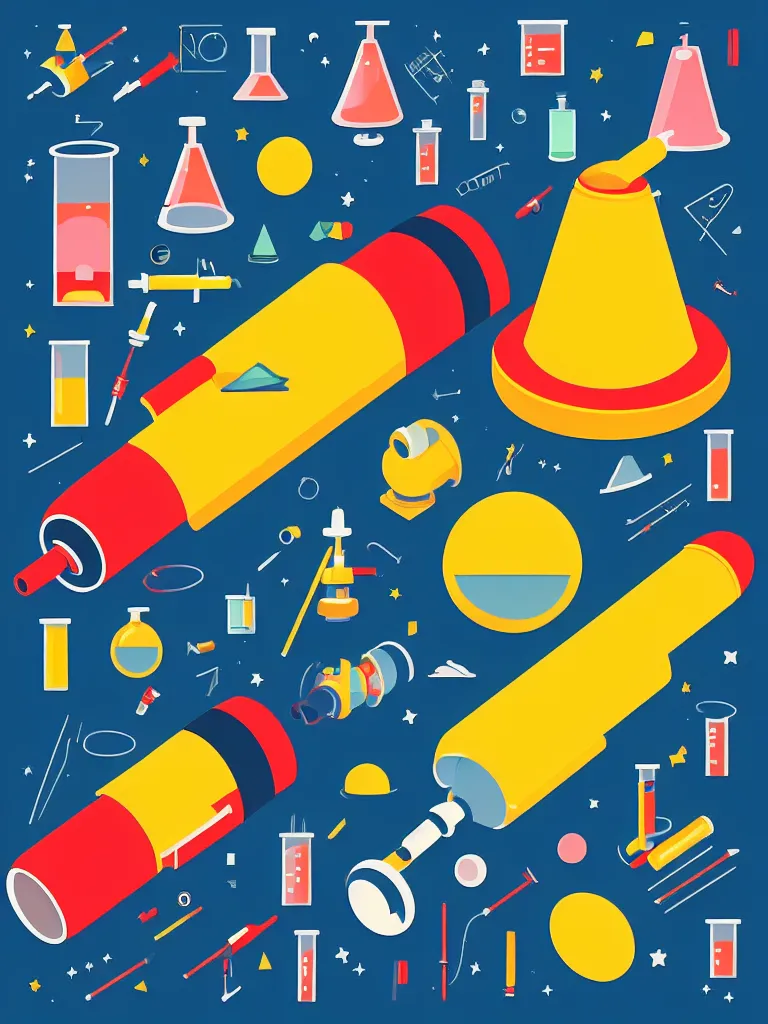 Image similar to editorial illustration scientific lab test tube telescope microscope spaceship, colorful modern, mads berg