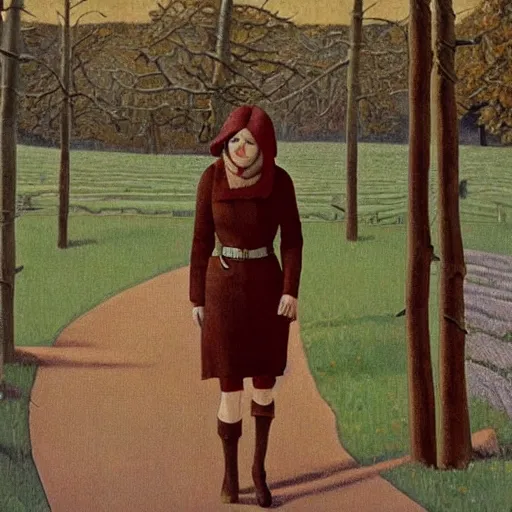 Prompt: emma stone in boots walking to outdoor toilet, winter, russian depression, chthonic, sharp focus, detailed, art by grant wood