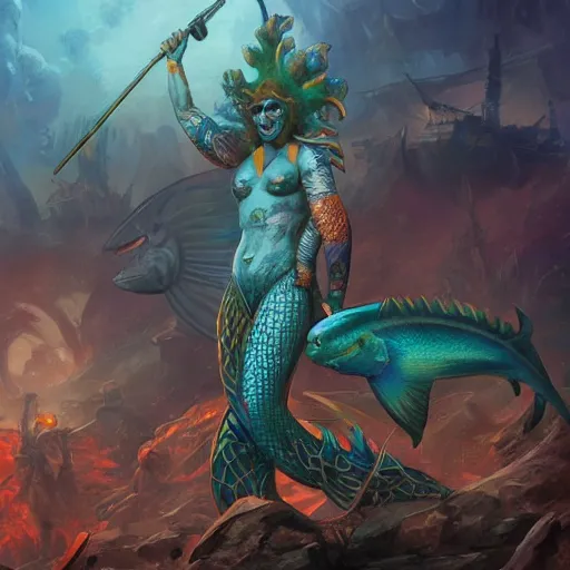 Image similar to merfolk at war, trending on artstation, ultra fine detailed, hyper detailed, hd, concept art, digital painting