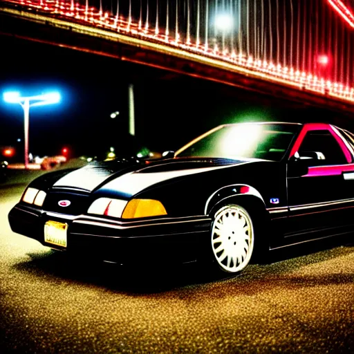 Image similar to a black 1990 Ford thunderbird sc at illegal car meet, Chiba prefecture, city midnight mist lights, cinematic color, vaporwave, highly detailed wheels, 50MM