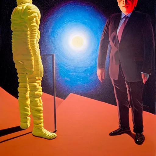 Image similar to rishi sunak and boris johnson on mars, abstract oil painting by gottfried helnwein pablo amaringo raqib shaw zeiss lens sharp focus high contrast chiaroscuro gold complex intricate bejeweled