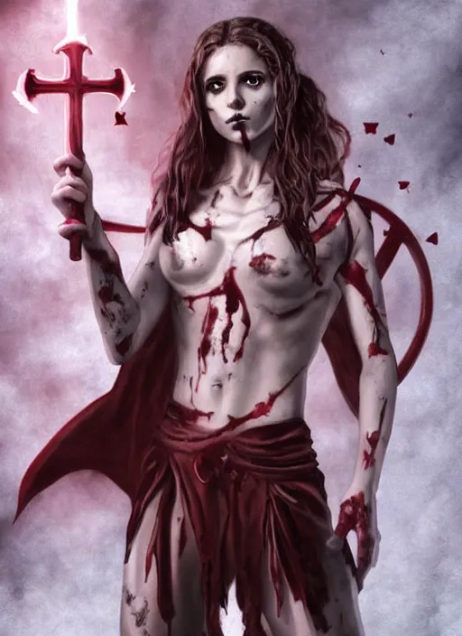 Image similar to Buffy the vampire slayer character angel as a half-muscular half-blood angel with a big cross pendant and religious tattoos on chest and neck, stained and bleeding, magic overlays, magic flames, open portal with runes in the background, romance book cover style, D&D illustration style, (octane render) fantasy style, sharp focus, ultra detailed, art by Artgerm and Peter Andrew Jones, Ayami Kojima, Amano and Olivier Ledroit