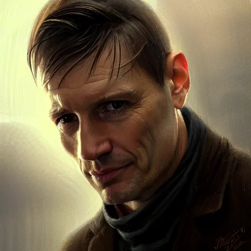 Prompt: Portrait of a man by Greg Rutkowski, he is about 40 years old, mixture between russian and irish, side parted combover brown hair, attractive, NARROW very very very very sharp face ANGULAR hawkish facial features, hooked nose , extremely pale white skin, smart looking, he is wearing a black trenchcoat, highly detailed portrait, scifi, digital painting, artstation, concept art, smooth, sharp foccus ilustration, Artstation HQ