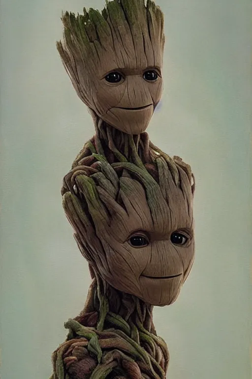 Prompt: a three quarters portrait of a young Groot, soft diffuse lighting, Academy prize winning painting by Alexandre Cabanel