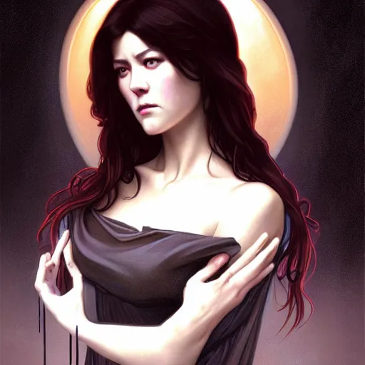Prompt: a portrait digital painting of mary elizabeth winstead as a vampire in a gothic cathedral at night, gloomy, horror, painted by artgerm and alphonse mucha and ross tran.