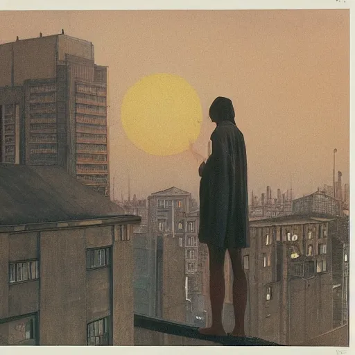 Image similar to a small rooftop with a couple of modern teenagers, standing and talking to each other, highly detailed, wearing black modern clothes, modern shanghai bund is on the background, dust, sunset, by gregory crewdson, carlos schwabe