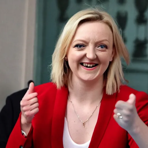 Image similar to liz truss pointing at poor people and laughing, photorealistic