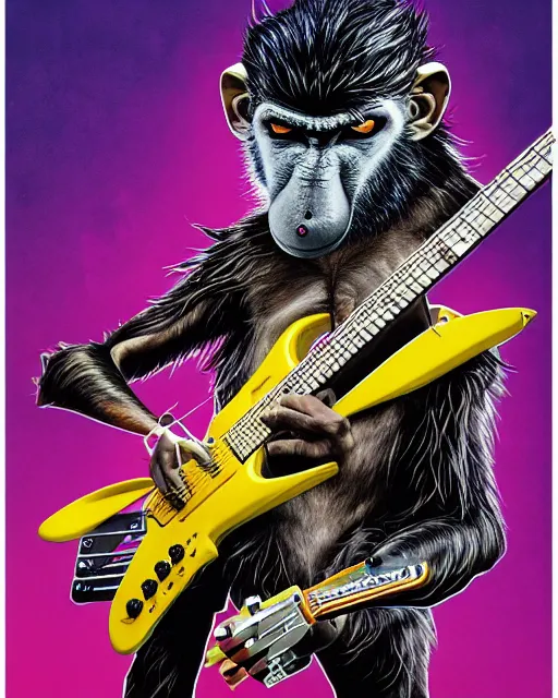 Image similar to a portrait of an anthropomorphic cyberpunk baboon shredding an electric guitar by sandra chevrier, by jon foster, detailed render, tape deck, epic composition, cybernetics, 4 k realistic, cryengine, realistic shaded lighting, sharp focus, masterpiece, by enki bilal