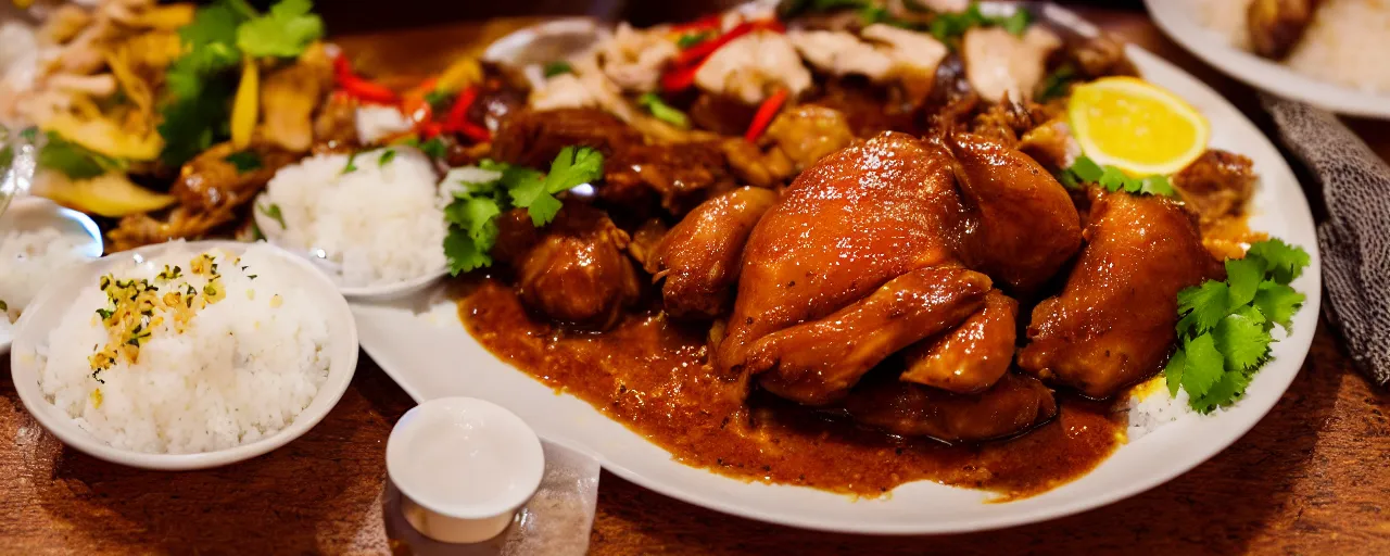 Prompt: chicken adobo from a restaurant, depth of field, food photography, isometric, tasty, wide shot, studio, bokeh, gmaster, cooking, food, kodak, sony, canon