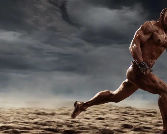 Image similar to single spartan running on australian beach, epic award winning action cinematic still from the movie 3 0 0, 8 k, global illumination, detailed face, muscles, rim highlights, hyper realistic