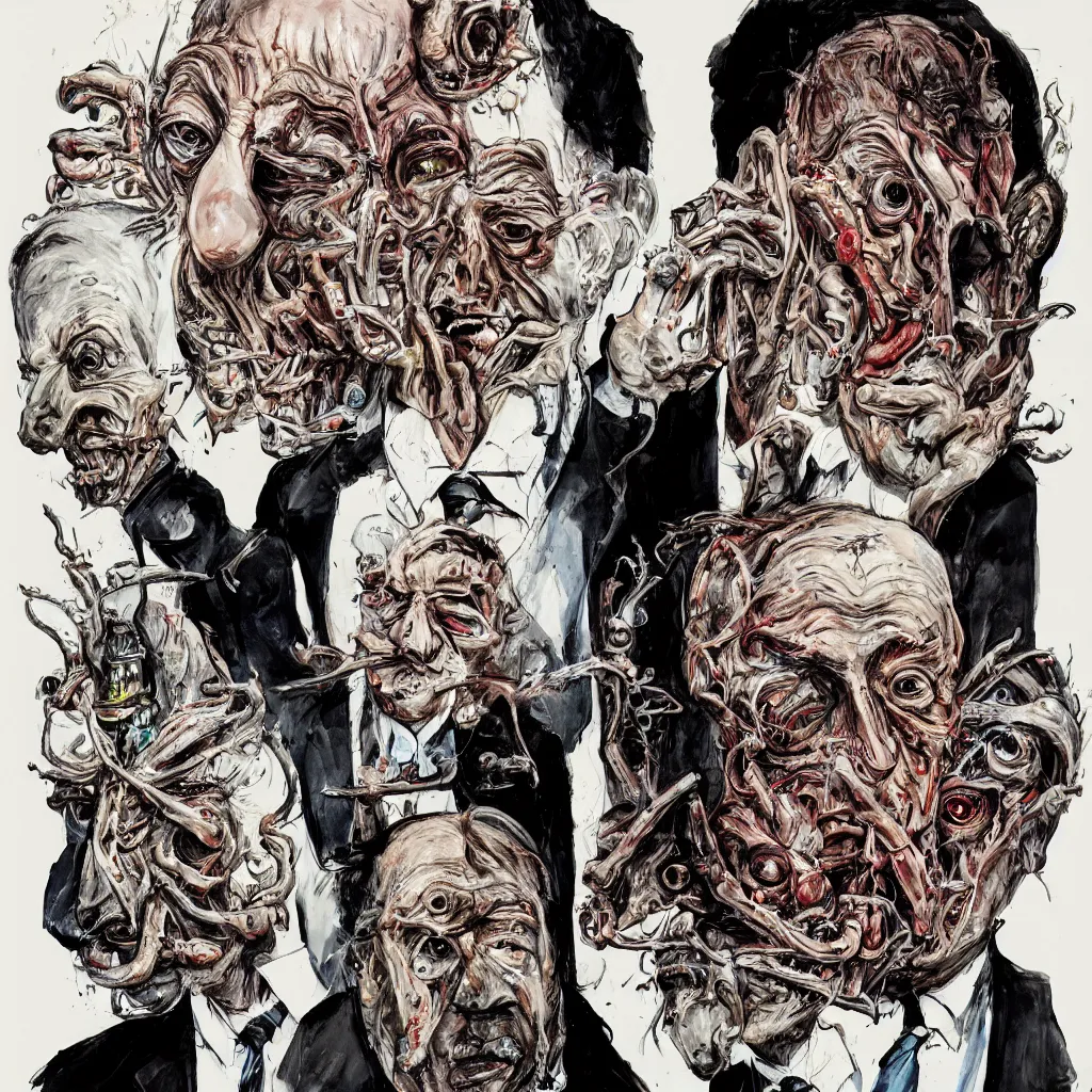 Image similar to Jacob Rothschild and george soros by Ralph Steadman, illustration, body horror, biopunk, 8k , trending on artstation