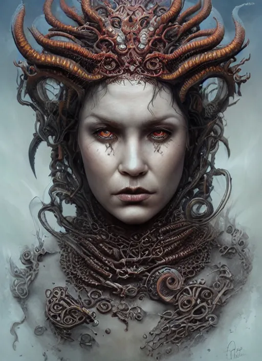 Image similar to a hyper detailed face portrait of the queen of blades, wide eyes, diablo 4 lilith, sideshow figurines, cthulu, by tom bagshaw, artgerm, dorian cleavenger, zdzisław beksinski trending on artstation