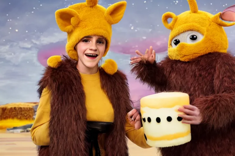 Image similar to photo, emma watson as furry rat, teletubbies around, eats cheese, highly detailed, intricate details