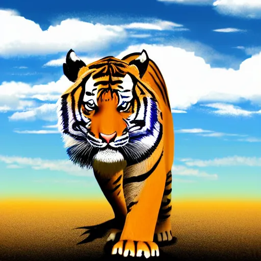 Prompt: tiger walking with backdrop showing the sky, palm tres. the tiger has sharp claws and teeth. in geometric illustration style