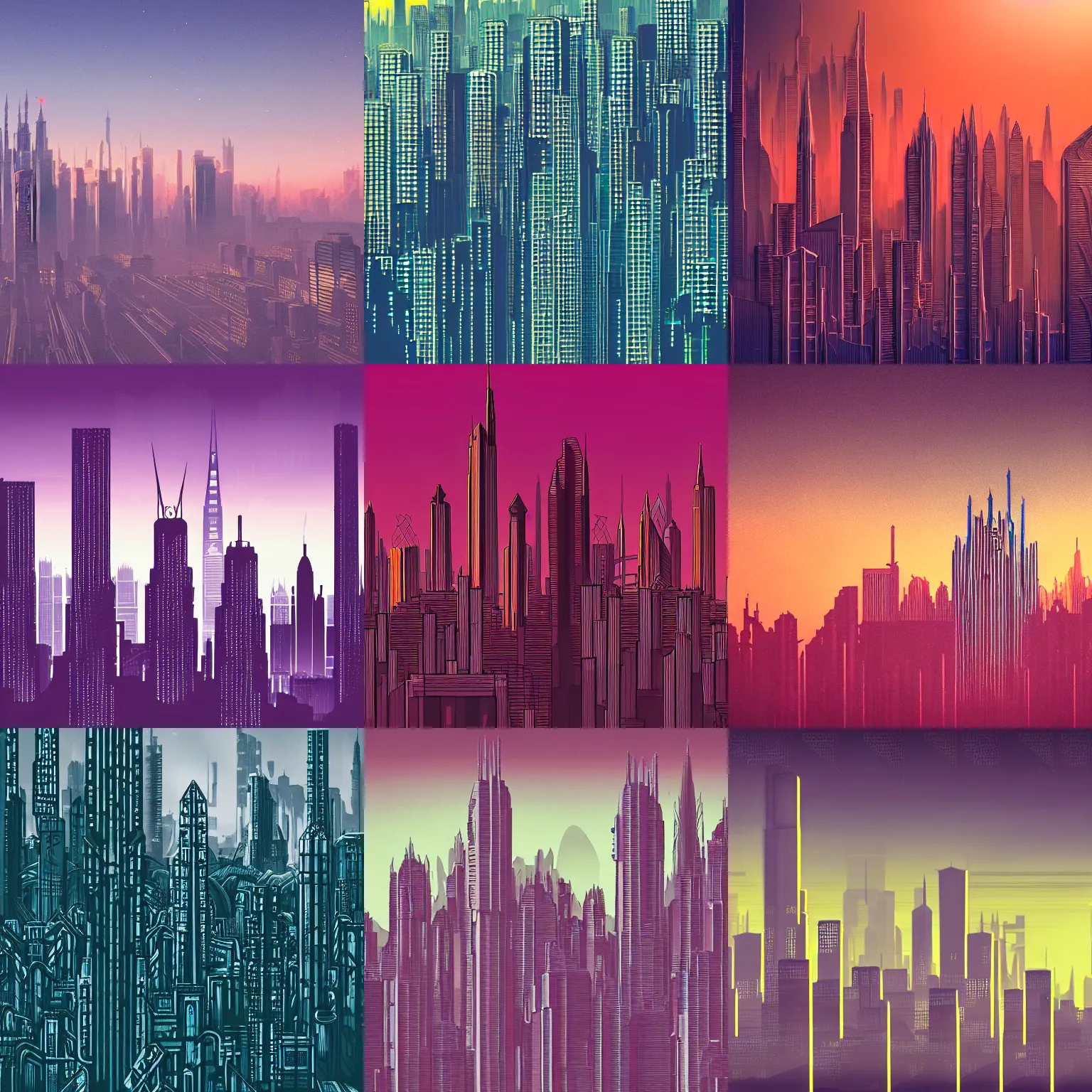 Prompt: beautiful detailed photo of a cyberpunk art deco skyline at dawn