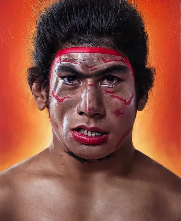 Image similar to heroic portrait of a young mexican wrestler. art by denys tsiperko and bogdan rezunenko, hyperrealism