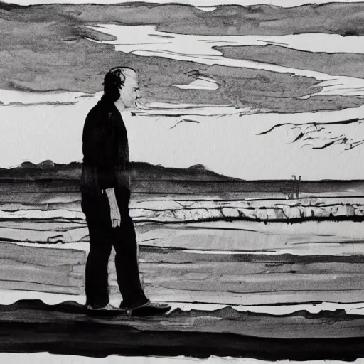 Image similar to ink and brush drawing of ben mendelsohn walking on the beach smoking, sunset