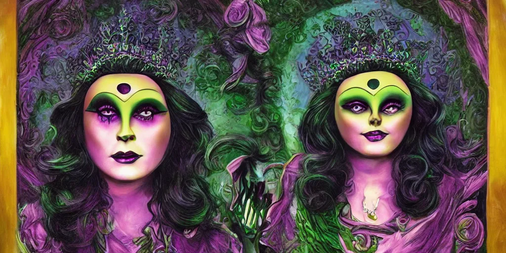 Image similar to madame leota cult, detailed facial expression, surrealism aesthetic